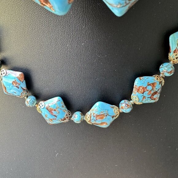 VTG‎ Venetian Turquoise Aventurine Murano Glass Bead Necklace + Earrings 18" - Picture 5 of 13